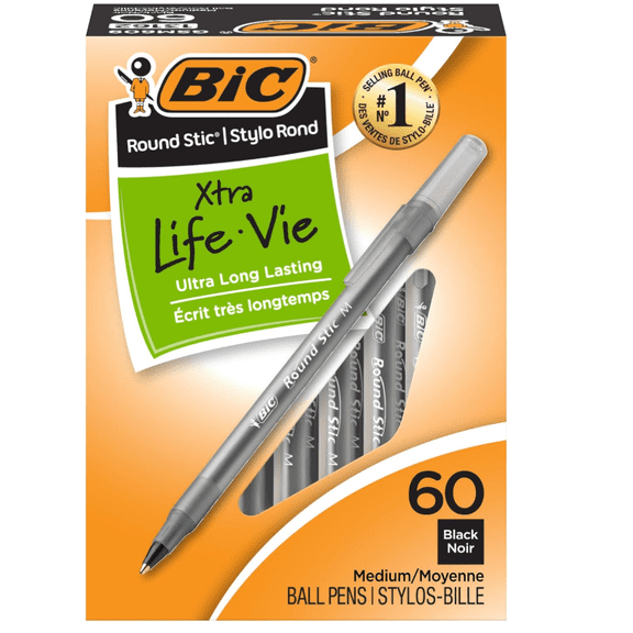 BIC Round Stic Xtra Life Ballpoint Pen, Ultra Long Lasting and Consistent Ink Flow, 60-Count in Black Ink