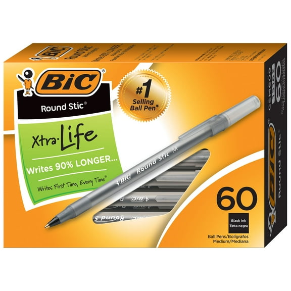 BIC Round Stic Xtra Life Ballpoint Pen Value Pack, Stick, Medium 1 mm, Black Ink, Smoke Barrel, 60/box | Bundle of 5 Boxes