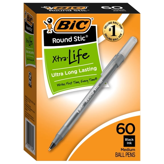 BIC Round Stic Xtra Life Ballpoint Pens, Medium Point, 1.0 mm, Black Ink, 60 Count
