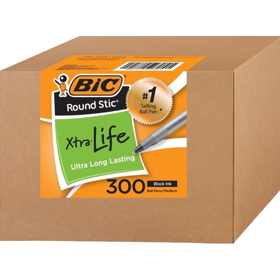 BIC Round Stic Xtra Life Ballpoint Pens, Bulk Pack of Black Ink Pens, Medium point 1.0 mm, Pack of 300