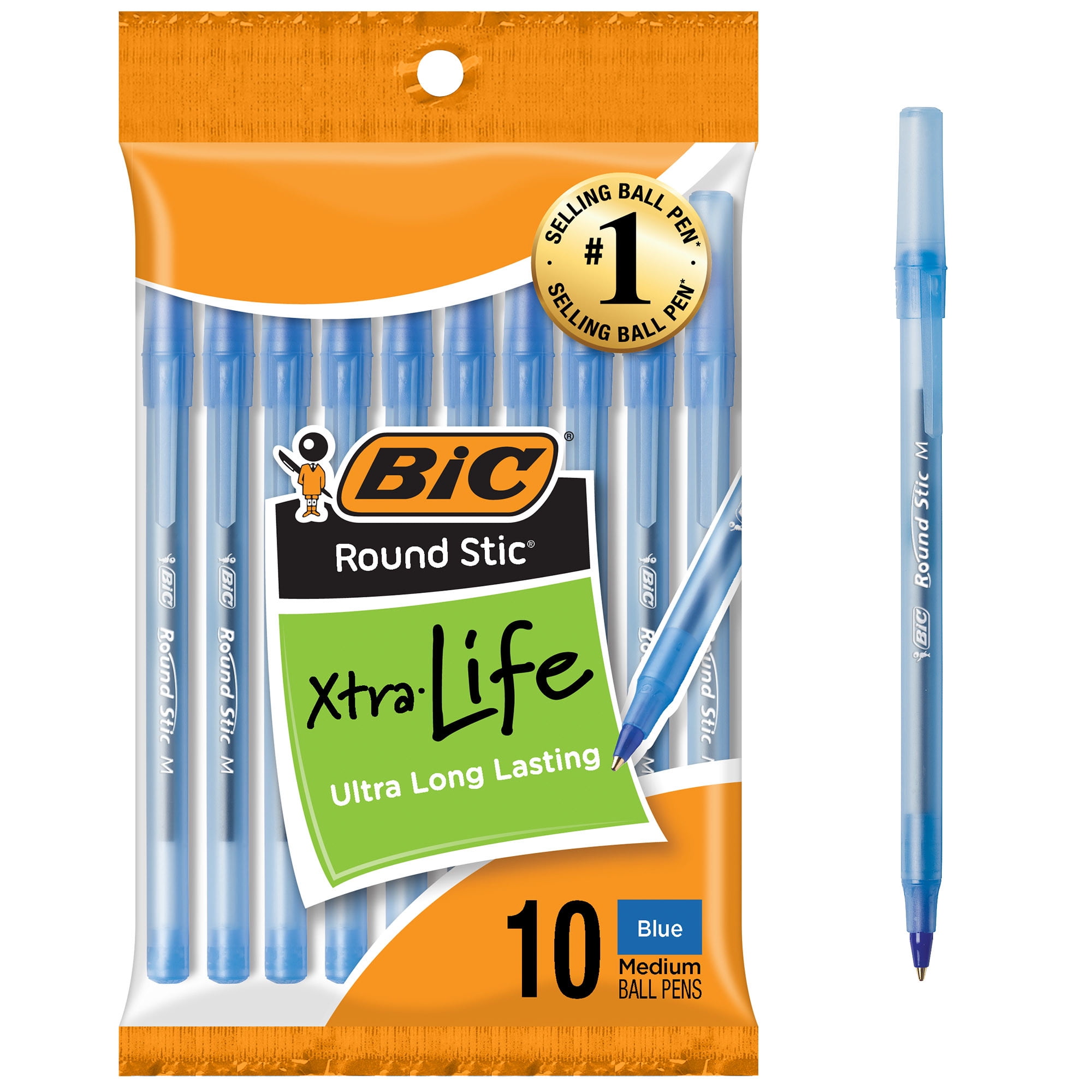 BIC Round Stic Xtra Life Ballpoint Pens, Medium Point (1.0mm), Blue, 10 Count