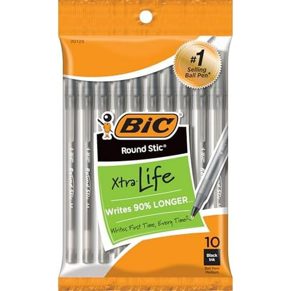 BIC Round Stic Xtra Life Black Ballpoint Pens, Medium Point (1.0mm), 10-Count Pack of Bulk Pens, Flexible Round Barrel for Writing Comfort, No. 1 Selling Ballpoint Pens