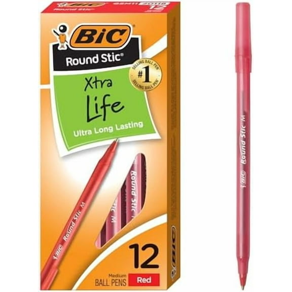 BIC Round Stic Xtra Life Red Ballpoint Pens, Medium Point (1.0mm), 12-Count Pack of Bulk Pens, Flexible Round Barrel for Writing Comfort, No. 1 Selling Ballpoint Pens