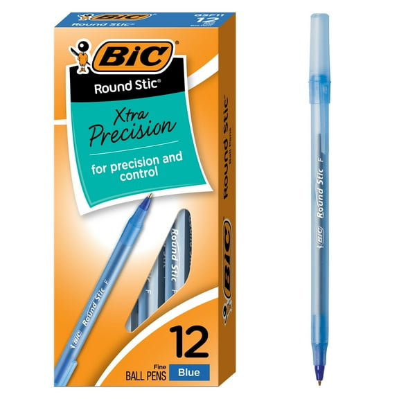 BIC Round Stic® Xtra Precision Ball Point Pens, Fine Point (0.8mm), Blue, 12 Pack