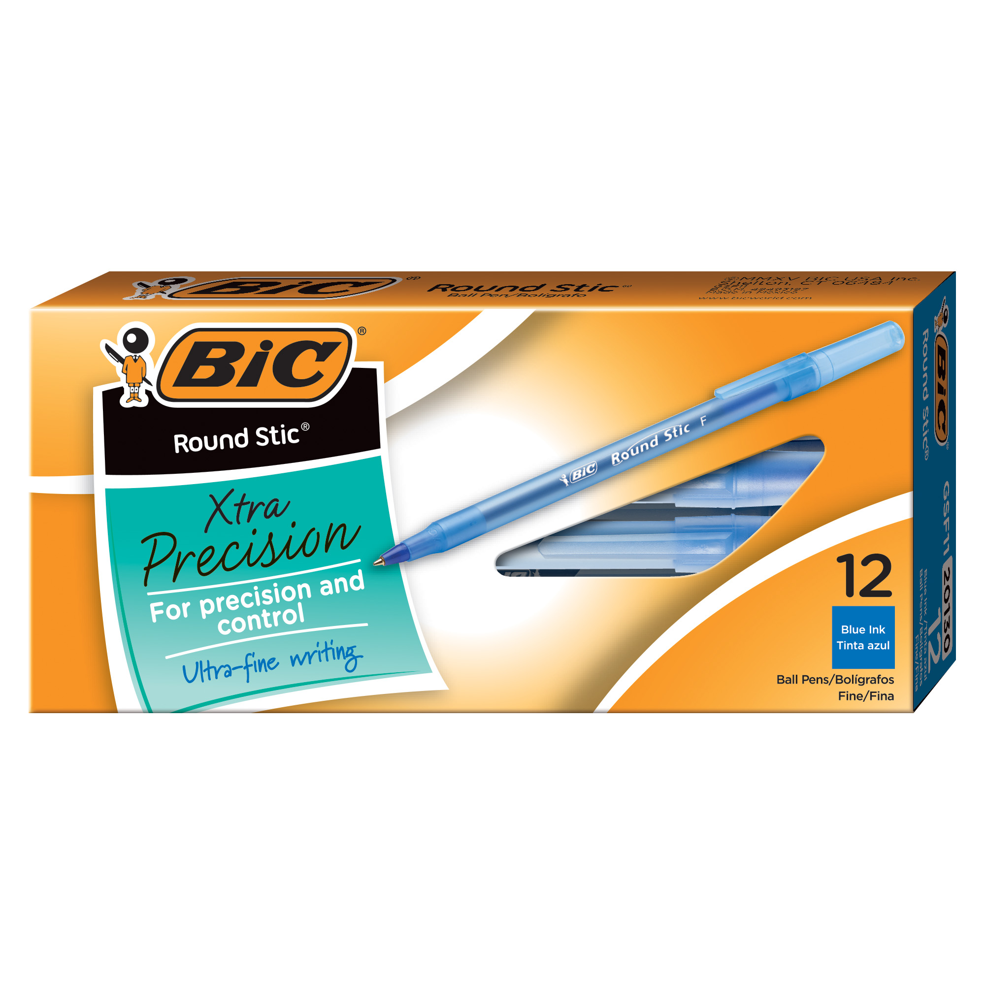BIC Round Stic® Xtra Precision Ball Point Pens, Fine Point (0.8mm), Blue, 12 Pack - image 1 of 7