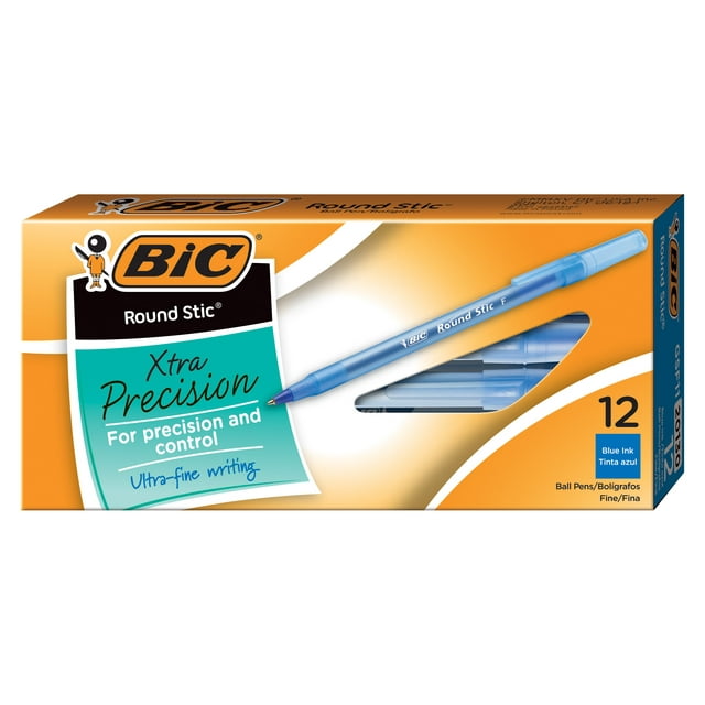 BIC Round Stic® Xtra Precision Ball Point Pens, Fine Point (0.8mm), Blue, 12 Pack
