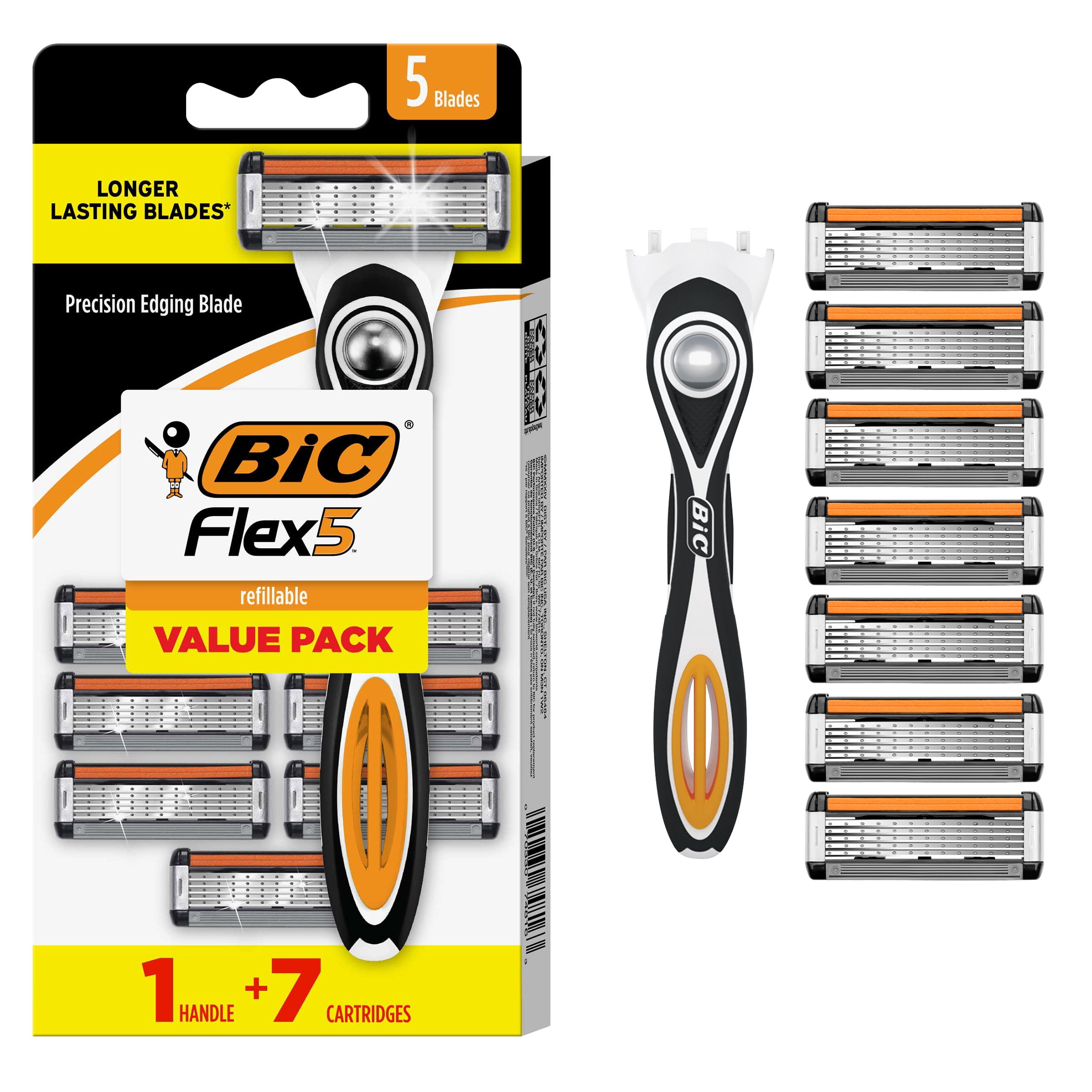 BIC Flex 5 Refillable Razors for Men, 5 Blade Razors, 1 Handle and 7 Cartridges