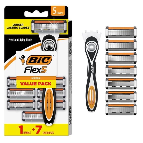 BIC Flex 5 Men's 5-Blade Refillable Manual Razors with 1 Handle and 7 Cartridges, Father's Day Gift for Men