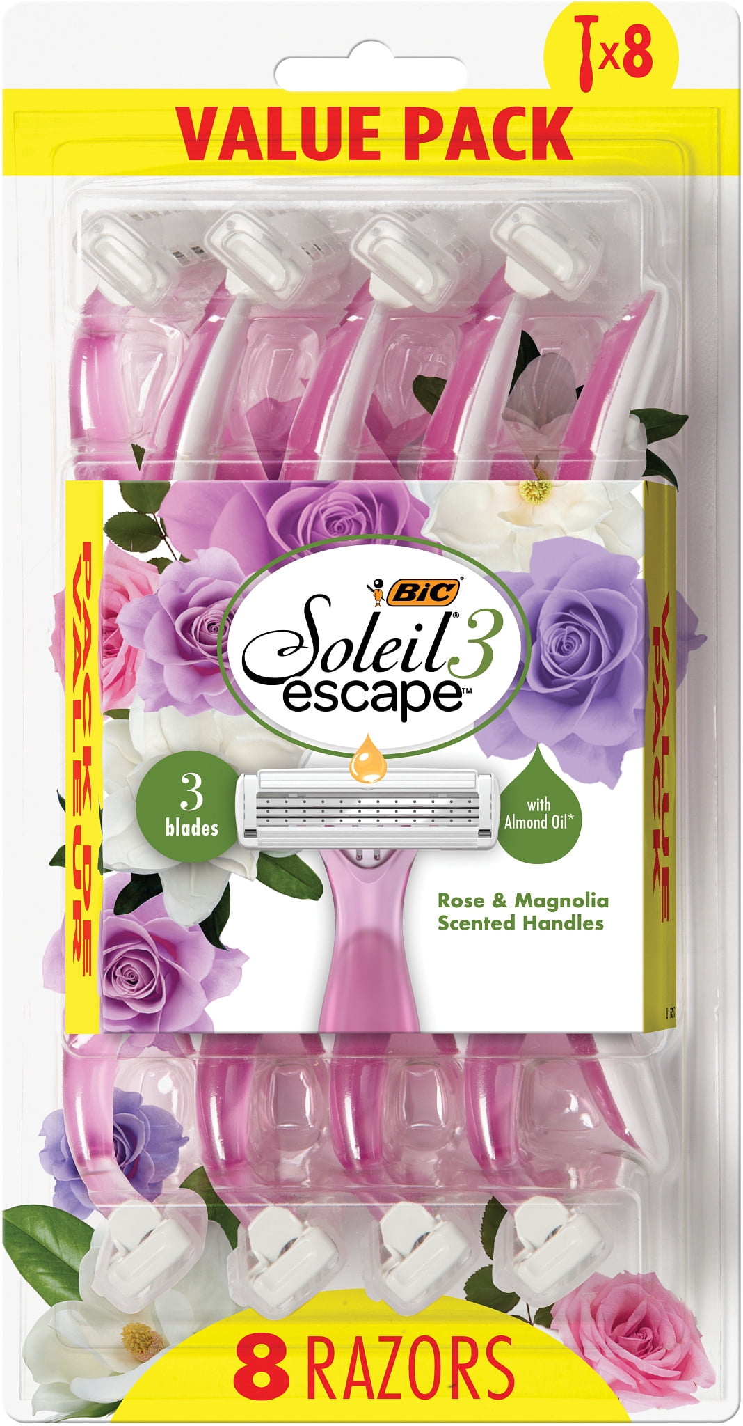BIC Soleil Escape Rose and Magnolia Scented 3-Blade Women's Manual Razor, 8 Count