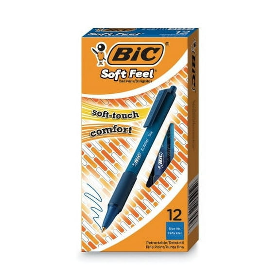 BIC Soft Feel Ballpoint Pen, Retractable, Medium 1 mm, Blue Ink, Blue Barrel, Dozen, Each