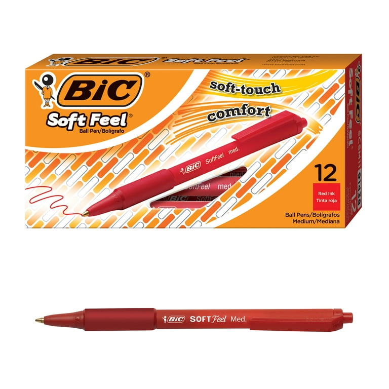 BIC Soft Feel Red Retractable Ballpoint Pens, Medium Point (1.0mm),  12-Count Pack, Red Pens With Soft-Touch Comfort Grip