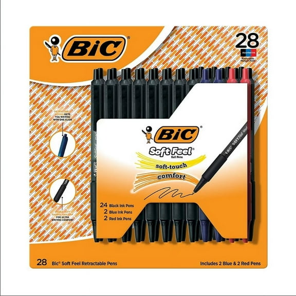 BIC Soft Feel Retractable Ballpoint Pens with Soft Touch Comfort Grip, Medium Point, 28 ct. - Assorted Colors