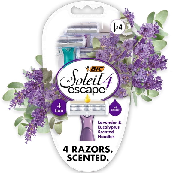 BIC Soleil 4 Escape Scented Women's Disposable Razors With 4 Blades, Comfortable Shave, Lavender & Eucalyptus Scented Handle Shaving Razors for Women, 4 Count