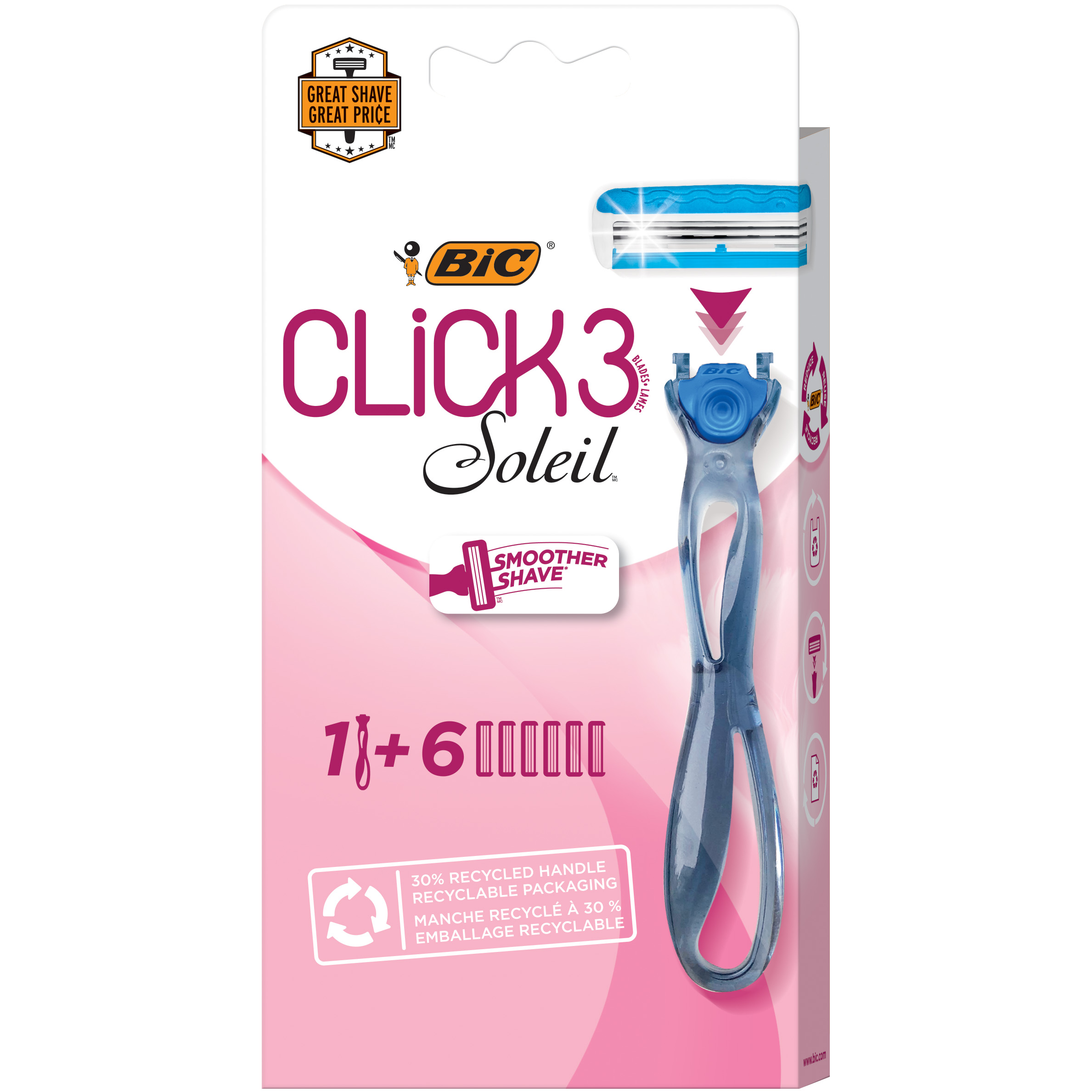 BIC Soleil Click 3 Women's Disposable Razor, Triple Blade, 1 Handle and 6 Snap-in Cartridges - image 1 of 11