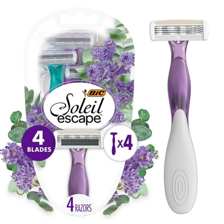 BIC Soleil 4 Escape Women's Disposable Razors with 4 Blades, Lavender & Eucalyptus Scented Handles, 4 Count