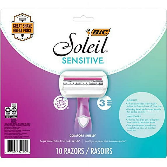BIC Soleil Sensitive Women's Disposable Razor, Triple Blade, Count of 10 Razors, For a Close and Smooth Shave
