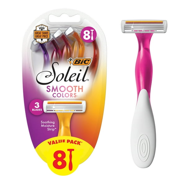 BIC Soleil Smooth Colors Disposable Razors for Women Sensitive Skin, 3 Blades and 8 Razors