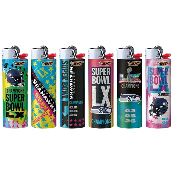 BIC NFL Super Bowl LX Champion Series Pocket Lighters Seattle Seahawks Assorted Designs 6 Pack