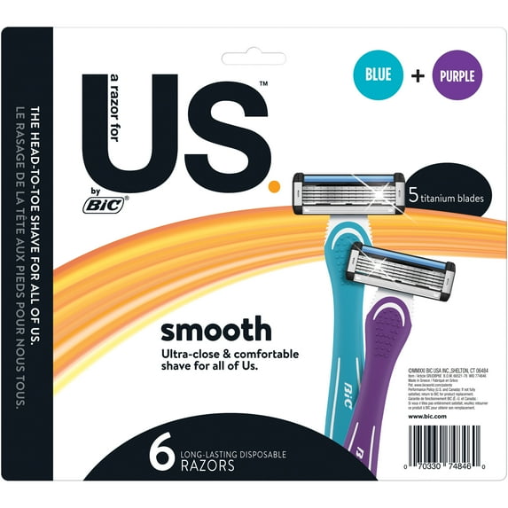 BIC Us. 5-Blade Unisex Disposable Razors for Men and Women, 6-Count