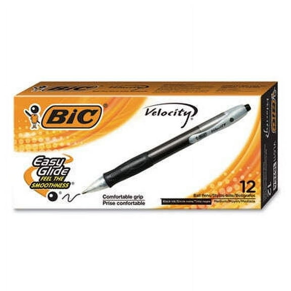 BIC Velocity Easy Glide Ballpoint Pen, Retractable, Medium 1 mm, Black Ink, Translucent Black Barrel, Dozen (VLG11BK)