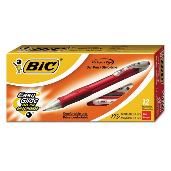 BIC Velocity Retractable Ball Pen, Medium Point, 0.7 mm, Red Ink, 12 Count