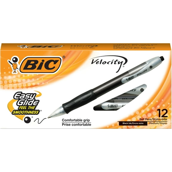 BIC Velocity Retractable Ballpoint Pens, Medium Point (1.0 mm), Black Ink, 12-Count