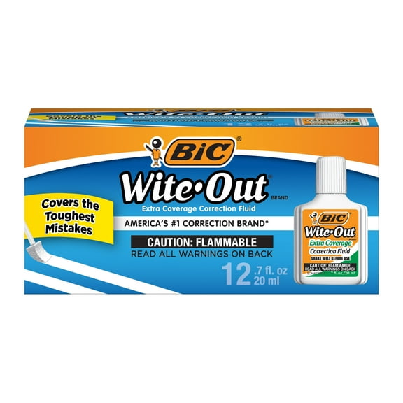 BIC Wite-Out Brand Extra Coverage Correction Fluid, 20 ml, White, 12-Count