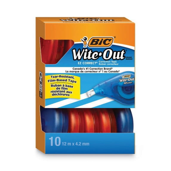 BIC Wite-Out EZ Correct Correction Tape Value Pack, Non-Refillable, Blue/Orange Applicators, 0.17" x 472", 10/Box