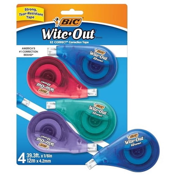 BIC Wite-Out EZ Correct Correction Tape, White, No Dry Time, Tear Resistant Tape, 4-Count