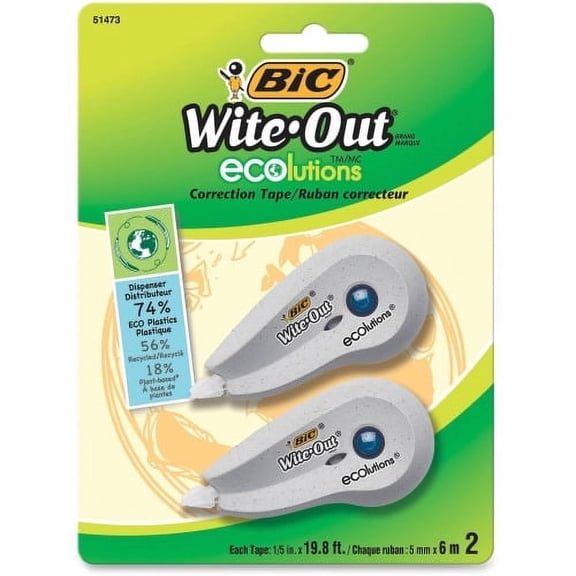 BIC Wite-Out Ecolutions Mini Correction Tape, White, 1/5" x 235", 2/Pack