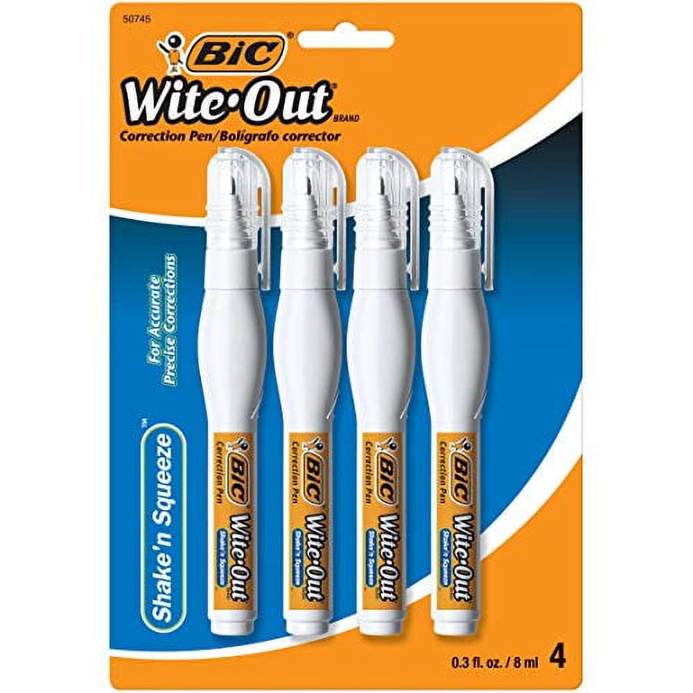 BIC Wite-Out Shake 'n Squeeze Correction Pen, 8 ml, White, 4 Count  (WOSQPP418), 4 Pack 