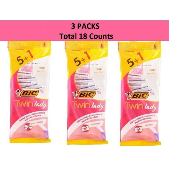 BIC Women's Twin Lady 5+ 1 Blade Disposable Razor, 3 Pack (18 Counts)