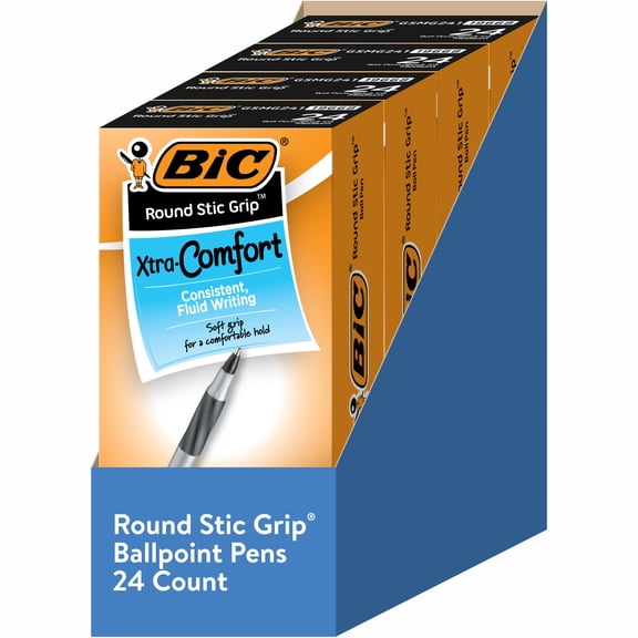 BIC Round Stic Xtra Comfort Ballpoint Pens, Bold Point, 1.2 mm, Black Ink, 24 Count