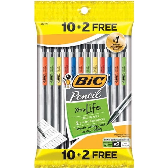 BIC Xtra Life Mechanical Pencils, Medium Point (0.7mm), Assorted Colors, 10 Pencils+ 2 Free Pack