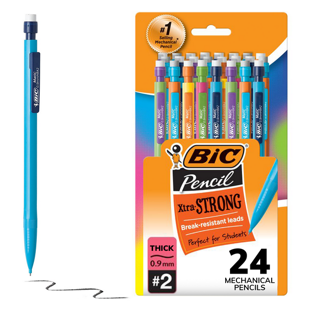 BIC Xtra Strong Mechanical Pencils with Erasers, Thick Point (0.9mm), Pack of 24