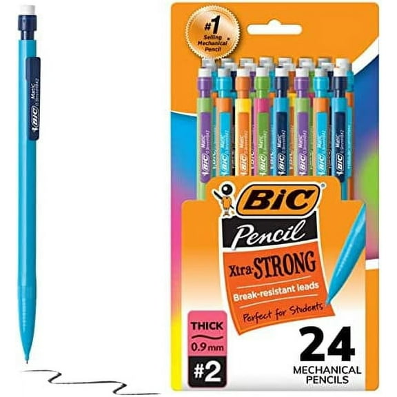 BIC Xtra-Strong Thick Lead Mechanical Pencil, With Colorful Barrel Thick Point (0.9mm), 24-Count Pack, Mechanical Pencils With Erasers (Packaging May Vary)
