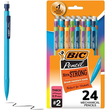 BIC Xtra-Strong Thick Lead Mechanical Pencil, With Colorful Barrel Thick Point (0.9mm), 24-Count Pack, With Erasers (MPLWP241)