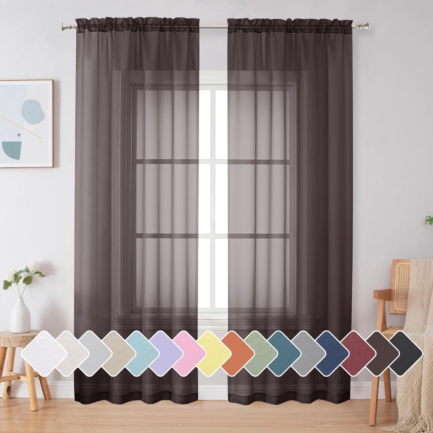 BICIDO-Chocolate Sheer Curtains 84 Inches Long, Light Filtering Rod