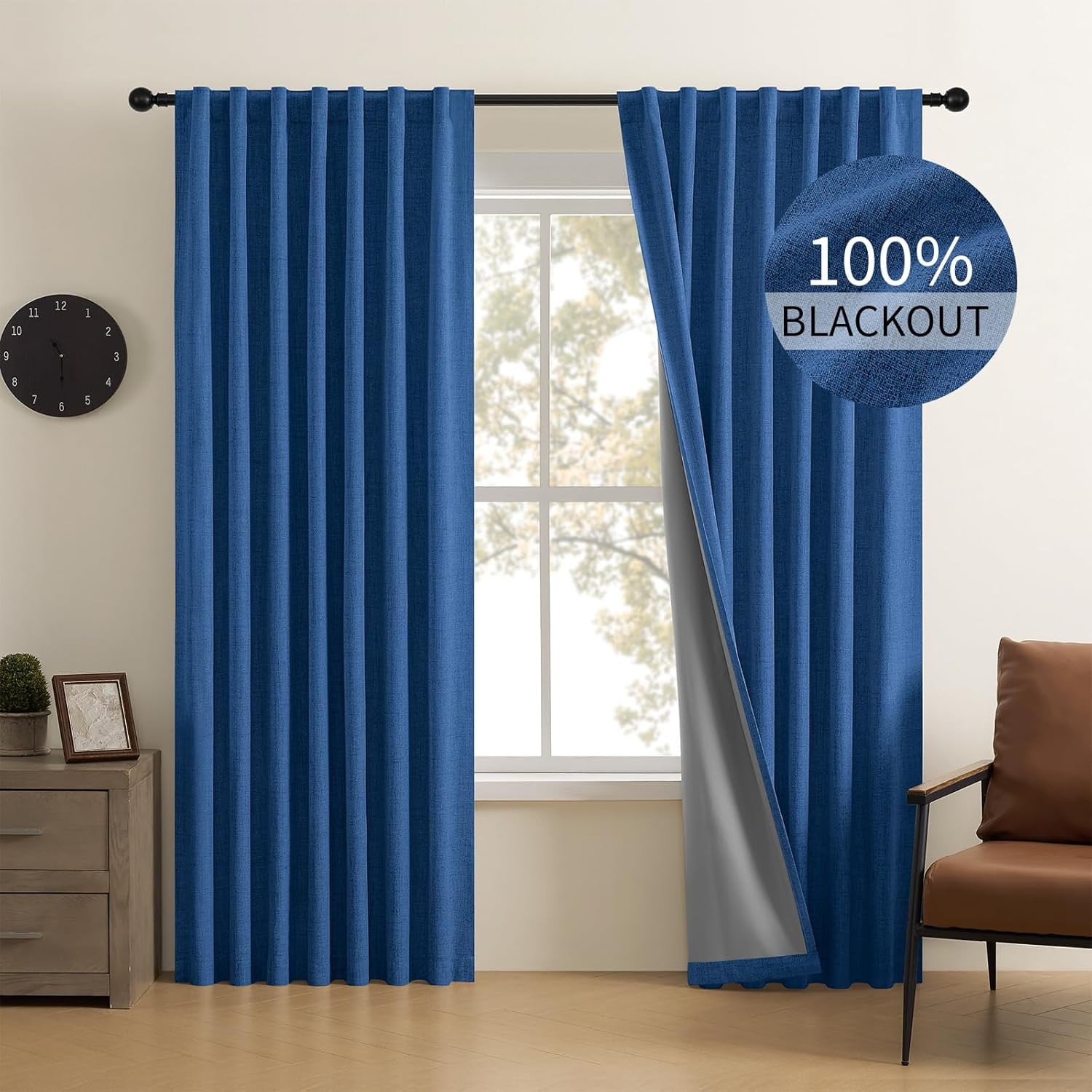 BICIDO-Linen 100% Blackout Curtains 72 Inch Length 2 Panels Set, Back