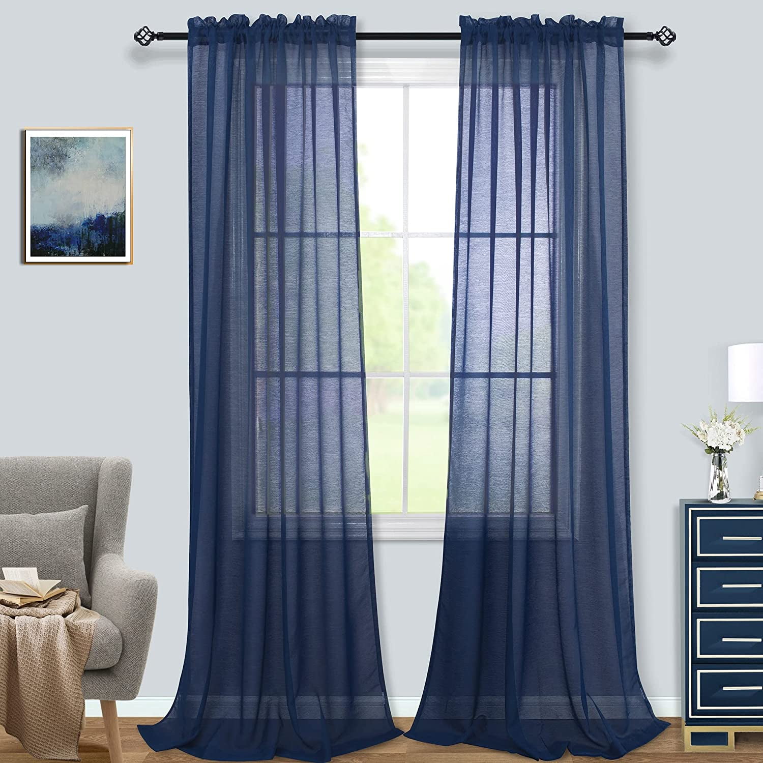 BICIDO-Navy Blue Sheer Curtains 120 Inches Long for Wedding Backdrop 2 ...