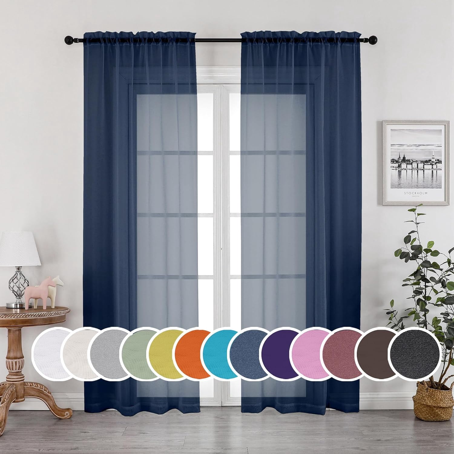 BICIDO-Navy Blue Sheer Curtains 90 Inches Long, Solid Light Filtering ...