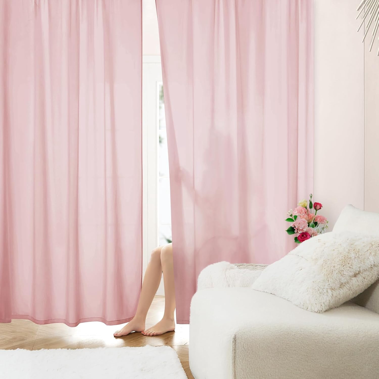 BICIDO-Non-See-Through Light Pink Privacy Sheer Curtains, 52 X 63 ...