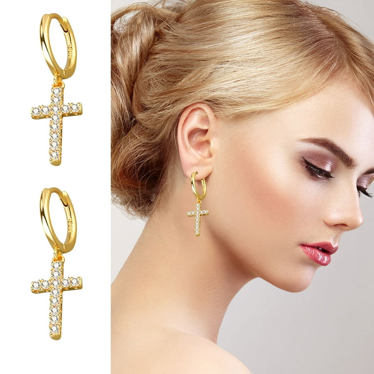 BICOASU Earrings Gold Plated Cross Dangle Earring Gold Hoop