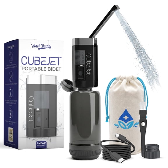 BIDET BUDDY CubeJet Portable Bidet for Travel - 380ml Bottle, 1100mAh Rechargeable Battery, IPX6 Waterproof Wand-Style Nozzle, USB-C High-Pressure Hygiene Device for Camping & Home