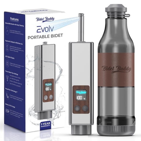 BIDET BUDDY Evolv Portable Bidet for Travel  530ml Bottle, Self-Cleaning Retractable Nozzle, 1100mAh Rechargeable, USB C Charging, IPX7 Waterproof with LED Display, 3 Water Flow Modes - Silver