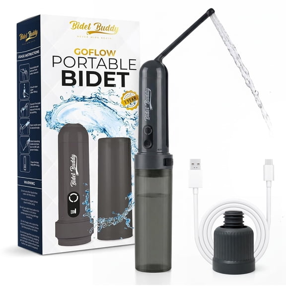 BIDET BUDDY® GoFlow Portable Bidet for Travel - 180ml Bottle with Two Power Modes, Nozzle Wand, IPX6 Waterproof, USB C Charging, 800mAh Rechargeable Battery, Medium Pressure