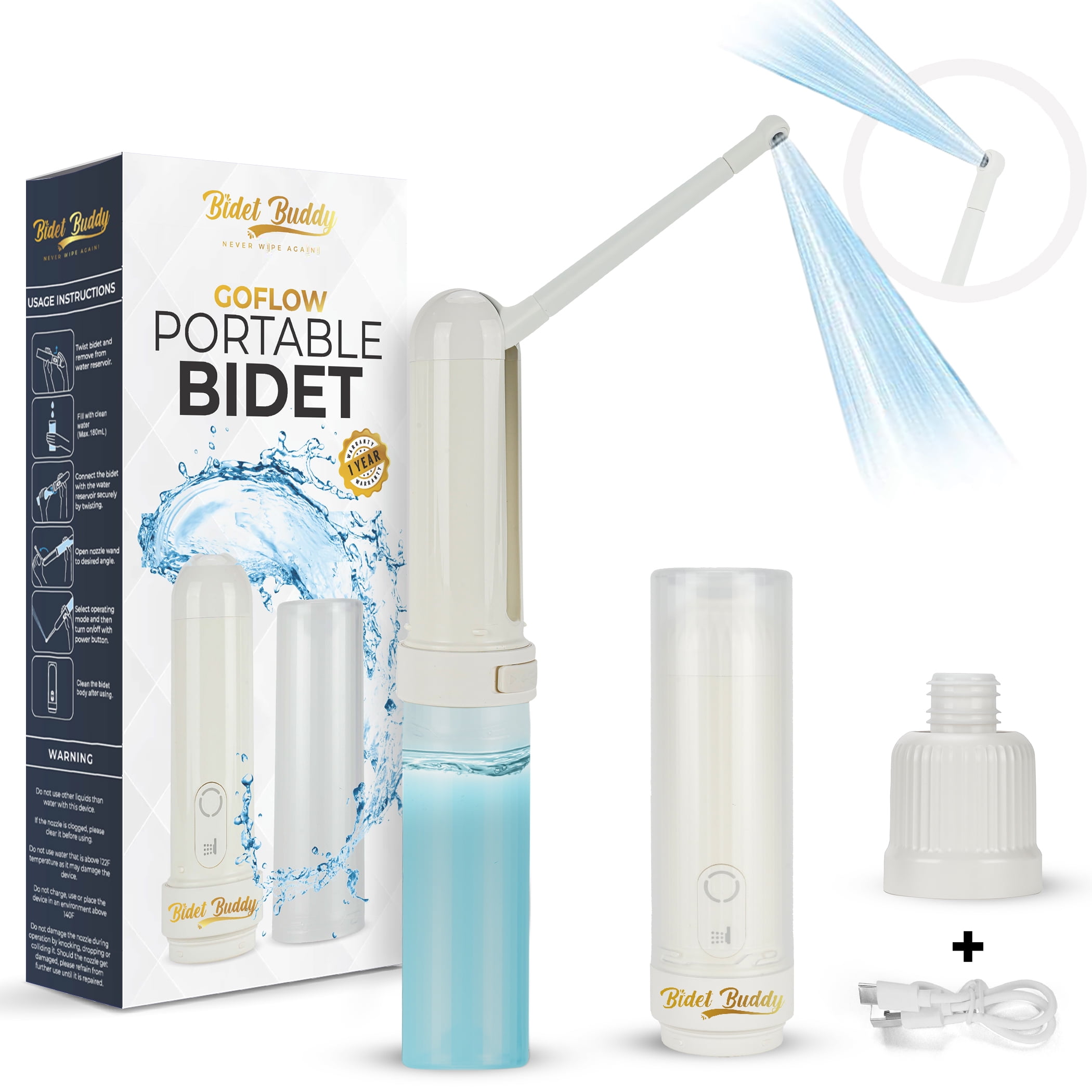 BIDET BUDDY® GoFlow Portable Bidet for Travel | 280ml/min Flow | 800mAh Battery | 180ML Bottle | IPX7 Waterproof | USB-C Charging | Pocket-Sized & Flexible with Medium Pressure