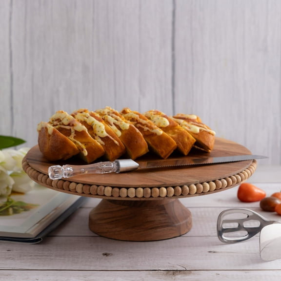 BIDK Home Beaded Footed Acacia Wood Cake Plate - 12.25" - Brown