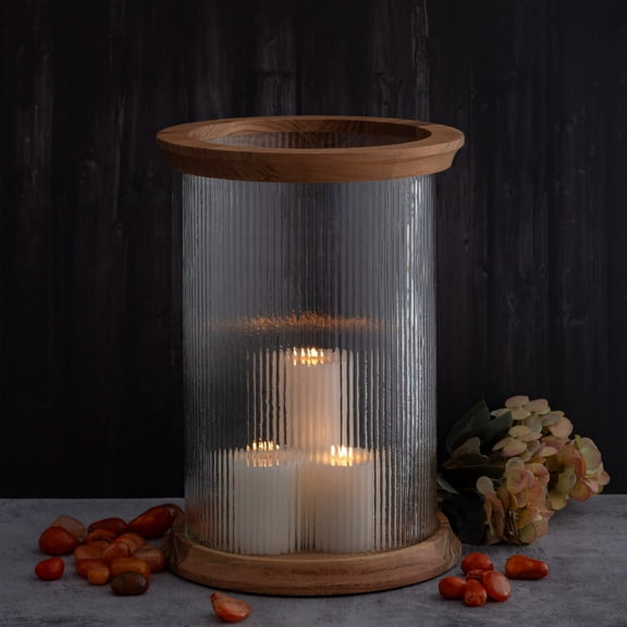 BIDK Home Fluted Glass Candle Lantern with Acacia Wood Base - 15"