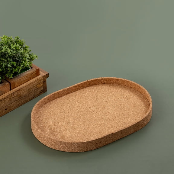 BIDK Home Large Oval Cork Decorative Tray - 14" - Beige